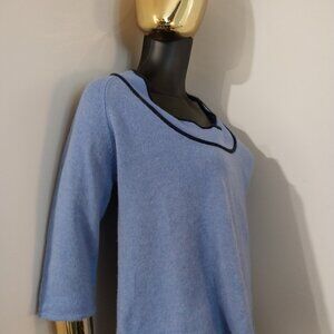 Cashmere BLUE 100% Soft and Cozy Blue With Navy Trim 3/4 Sleeve Small